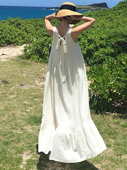 Natural sleeveless patchwork cotton quilting dresses Work white Maxi Dresses - SooLinen