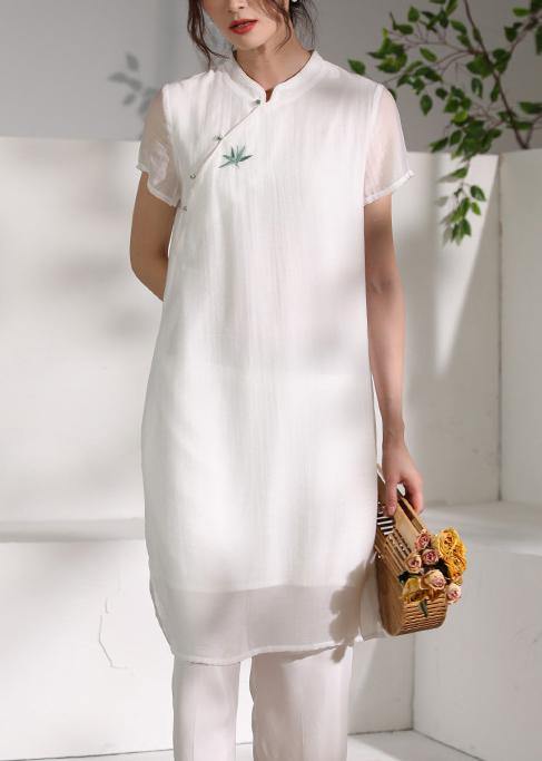 Natural stand collar embroidery quilting clothes Fabrics white Dresses - SooLinen