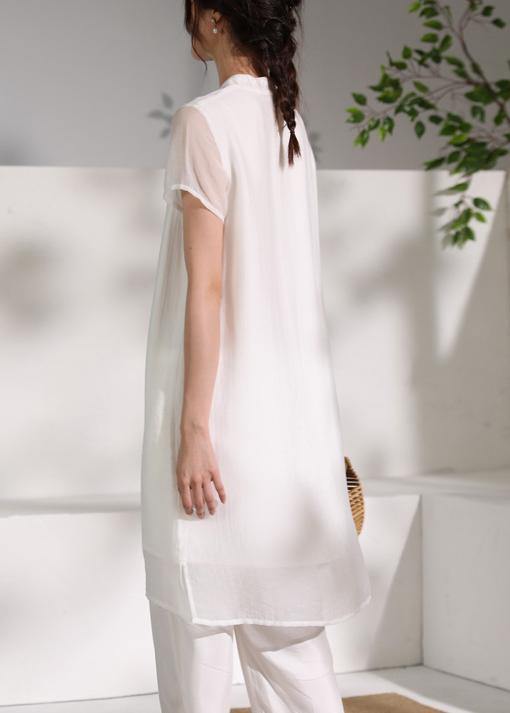 Natural stand collar embroidery quilting clothes Fabrics white Dresses - SooLinen