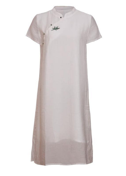 Natural stand collar embroidery quilting clothes Fabrics white Dresses - SooLinen