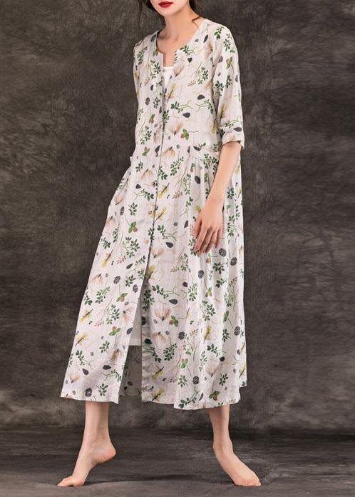 Natural v neck Button Down linen dresses Work Outfits gray print Dresses summer - SooLinen