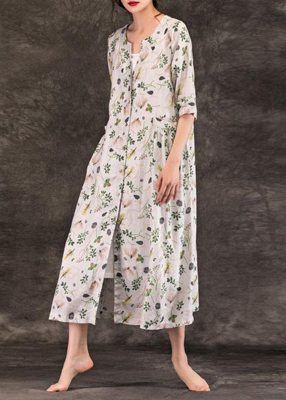 Natural v neck Button Down linen dresses Work Outfits gray print Dresses summer - SooLinen