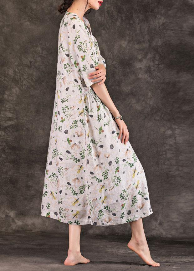 Natural v neck Button Down linen dresses Work Outfits gray print Dresses summer - SooLinen