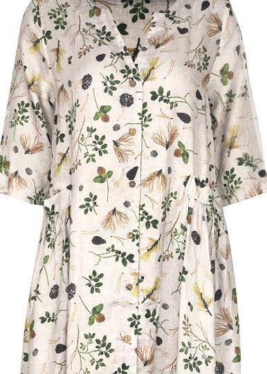 Natural v neck Button Down linen dresses Work Outfits gray print Dresses summer - SooLinen