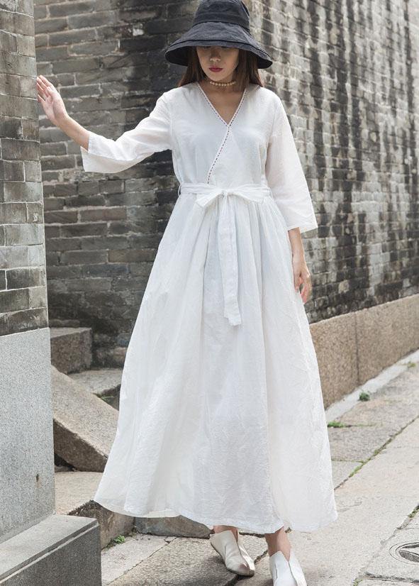 Natural v neck linen clothes For Women Outfits white Dress fall - SooLinen