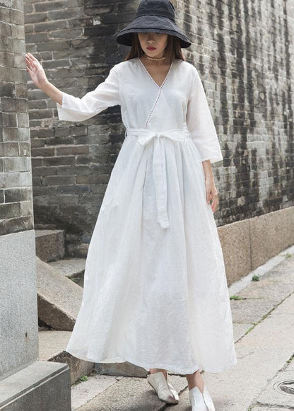 Natural v neck linen clothes For Women Outfits white Dress fall - SooLinen