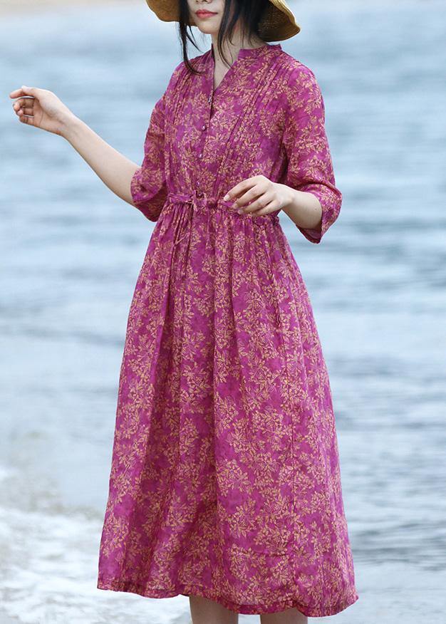 Natural v neck linen tie waist Wardrobes Shirts purple Dress - SooLinen