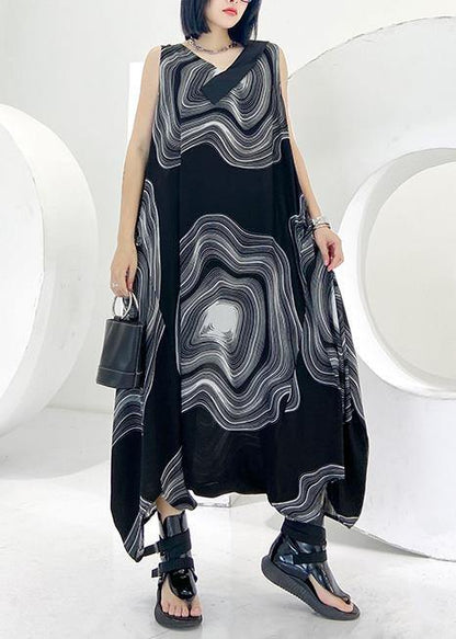 Natural v neck zippered linen dresses Wardrobes black print Dress - SooLinen