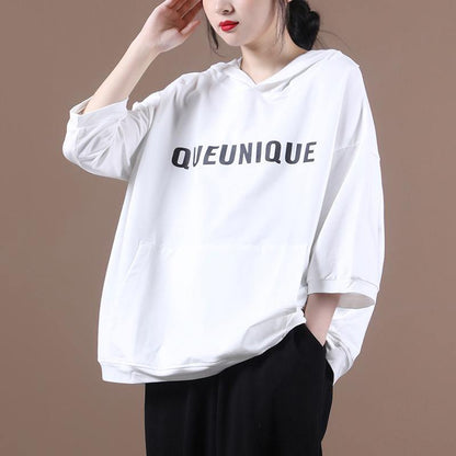 Natural white Letter tunic pattern hooded half sleeve Dresses tops - SooLinen