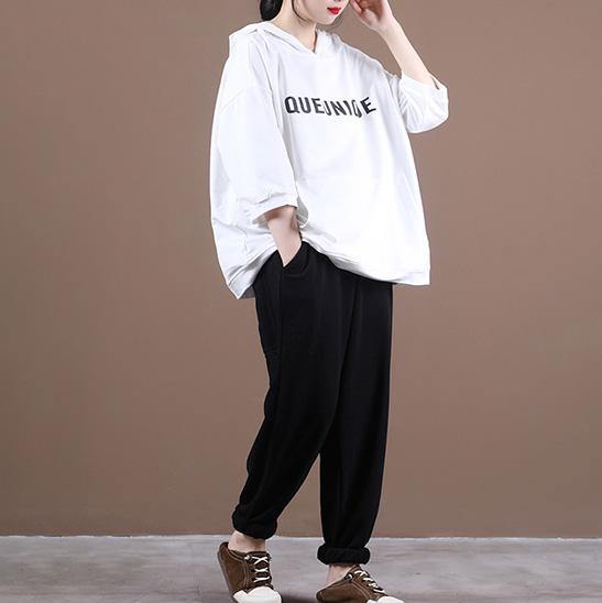 Natural white Letter tunic pattern hooded half sleeve Dresses tops - SooLinen