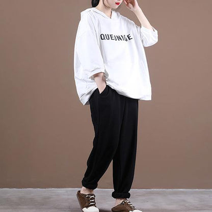 Natural white Letter tunic pattern hooded half sleeve Dresses tops - SooLinen