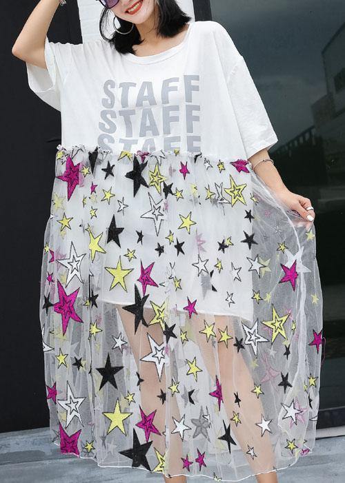 Natural white alphabet prints cotton clothes patchwork Plus Size summer Dress - SooLinen