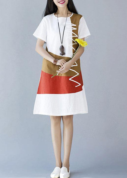 Natural white patchwork color cotton linen Wardrobes short sleeve loose summer Dresses - SooLinen