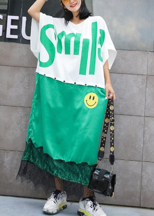 Natural white patchwork cotton tunic pattern alphabet prints long summer Dress - SooLinen