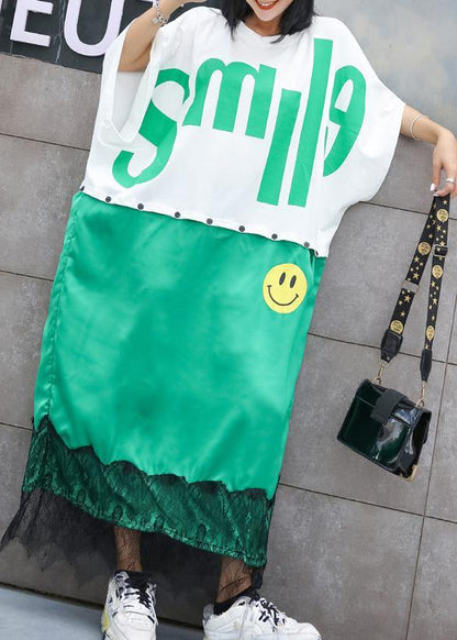 Natural white patchwork cotton tunic pattern alphabet prints long summer Dress - SooLinen