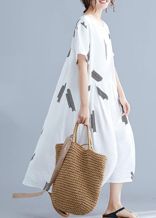 Natural Cinched cotton Long Shirts Wardrobes white prints Dress summer - SooLinen