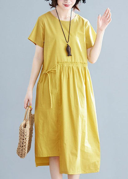 Natural yellow linen cotton Robes o neck drawstring Maxi summer Dresses - SooLinen