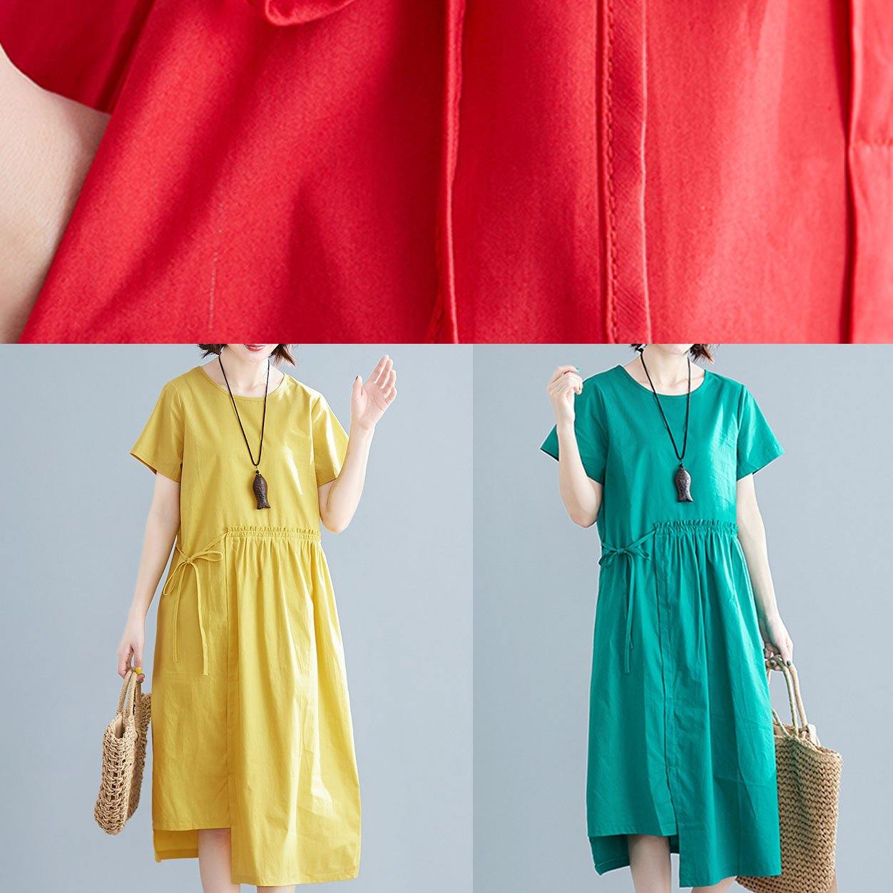 2021 Natural yellow linen cotton Robes o neck drawstring Maxi summer Dresses - SooLinen