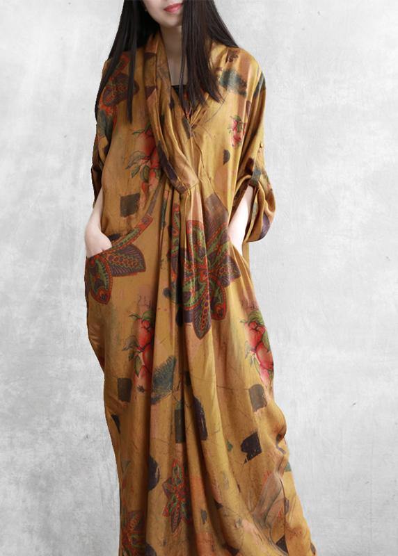 Natural yellow print cotton dress silhouette v neck asymmetric summer dress - SooLinen