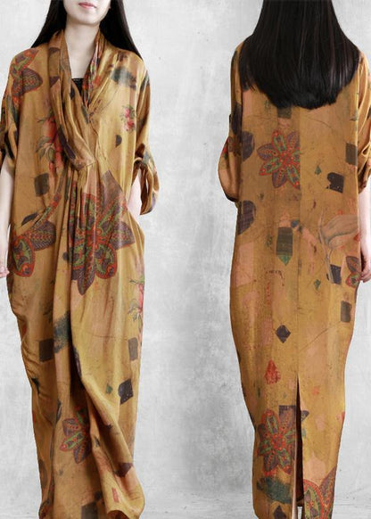 Natural yellow print cotton dress silhouette v neck asymmetric summer dress - SooLinen