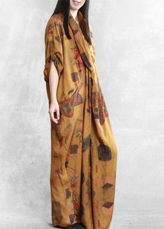 Natural yellow print cotton dress silhouette v neck asymmetric summer dress - SooLinen
