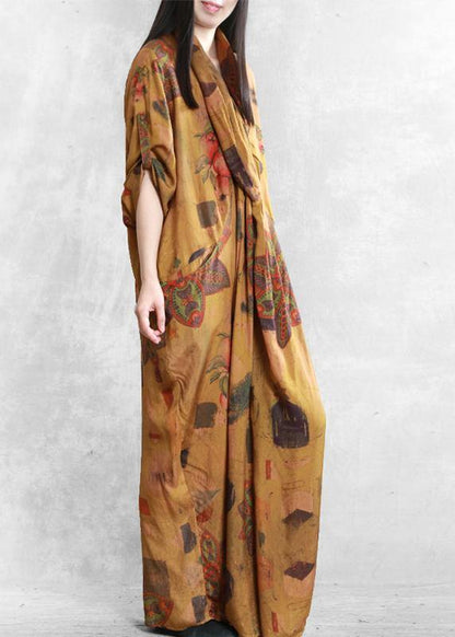 Natural yellow print cotton dress silhouette v neck asymmetric summer dress - SooLinen