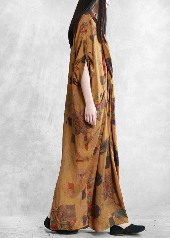 Natural yellow print cotton dress silhouette v neck asymmetric summer dress - SooLinen