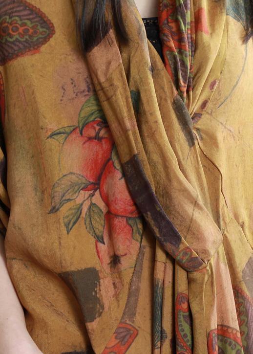 Natural yellow print cotton dress silhouette v neck asymmetric summer dress - SooLinen