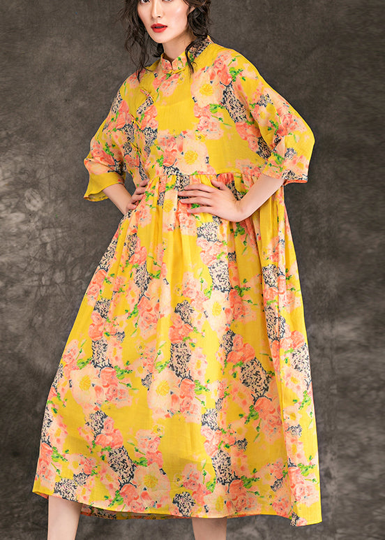 Natural yellow print linen outfit stylish Outfits stand collar patchwork Maxi Summer Dresses