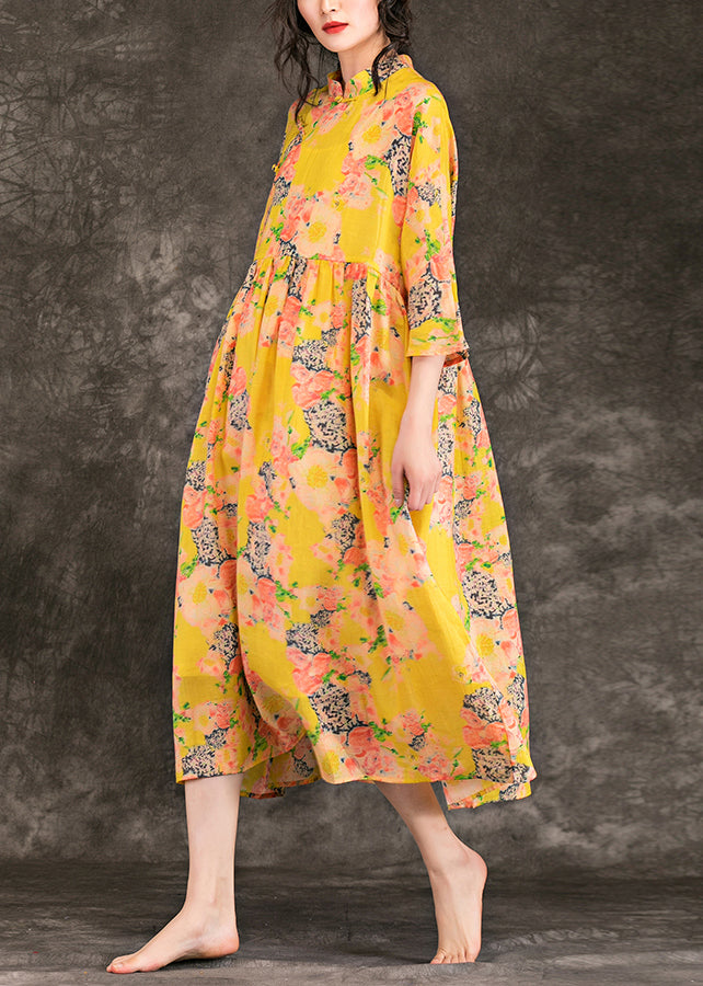 Natural yellow print linen outfit stylish Outfits stand collar patchwork Maxi Summer Dresses