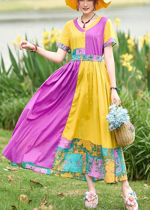 Natural yellow purple print cotton Tunics v neck patchwork Maxi summer Dress - SooLinen