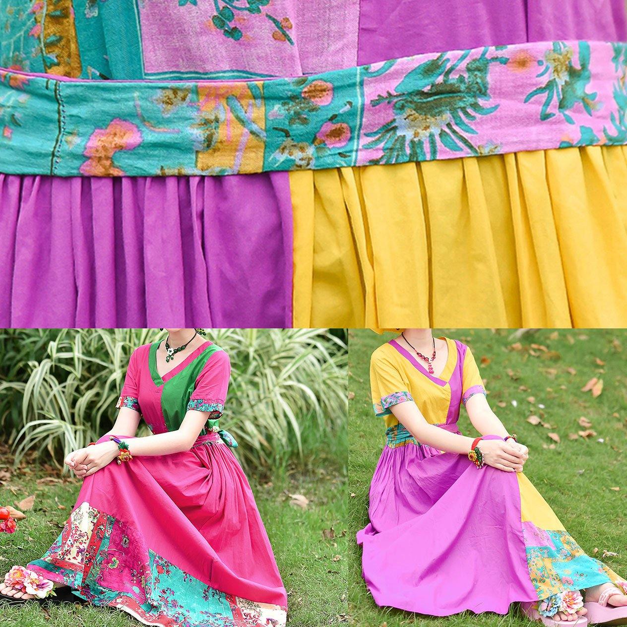 Natural yellow purple print cotton Tunics v neck patchwork Maxi summer Dress - SooLinen