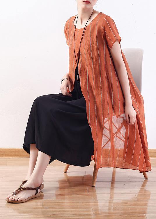 Natural yellow striped blended tunics for women false two pieces cotton summer Dress - SooLinen