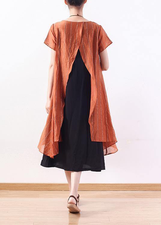 Natural yellow striped blended tunics for women false two pieces cotton summer Dress - SooLinen