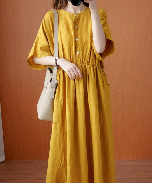 Natural yellow tunics for women o neck Cinched Dresses summer Dress - SooLinen