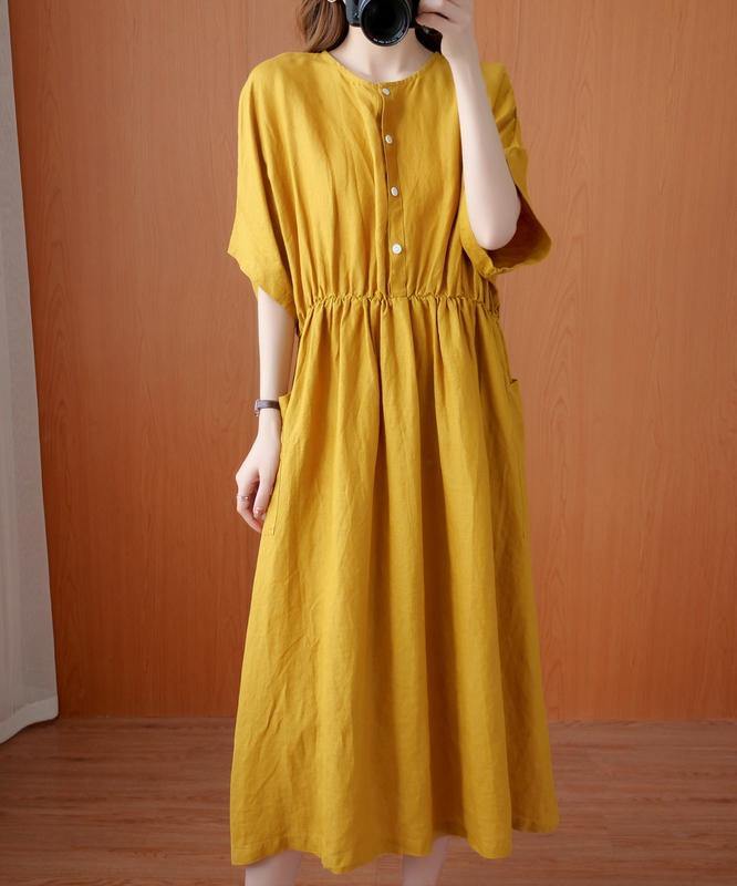 Natural yellow tunics for women o neck Cinched Dresses summer Dress - SooLinen