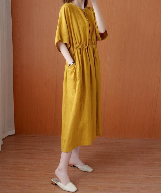 Natural yellow tunics for women o neck Cinched Dresses summer Dress - SooLinen