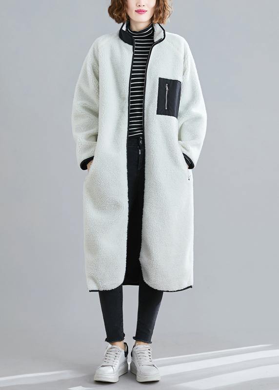 Natural zippered patchwork Plus Size tunics white box women coats - SooLinen