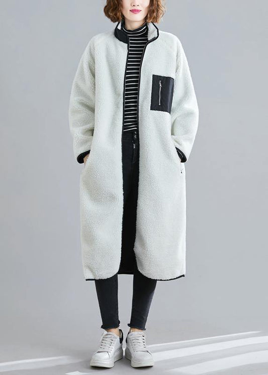 Natural zippered patchwork Plus Size tunics white box women coats - SooLinen
