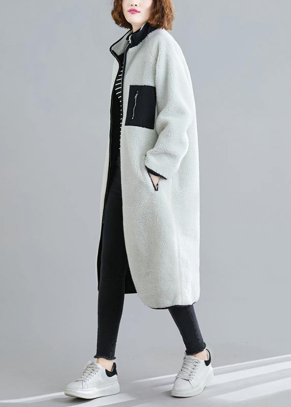 Natural zippered patchwork Plus Size tunics white box women coats - SooLinen