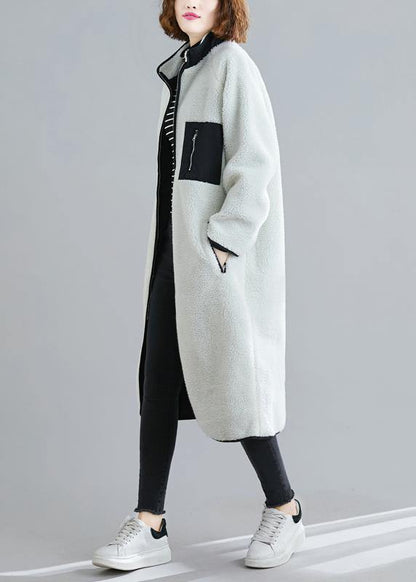 Natural zippered patchwork Plus Size tunics white box women coats - SooLinen
