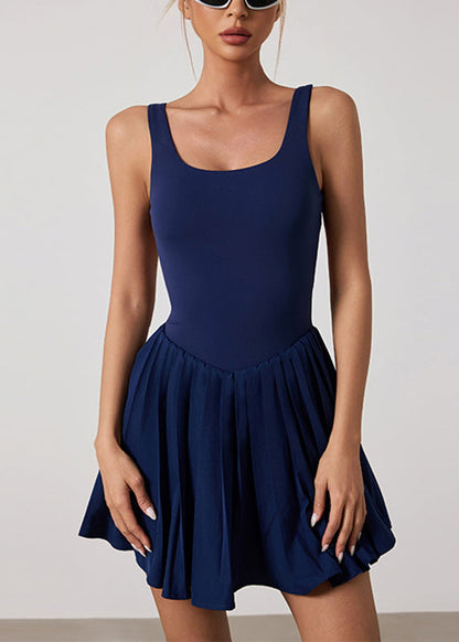 Navy Backless Solid Yoga Tennis Pleated Dress