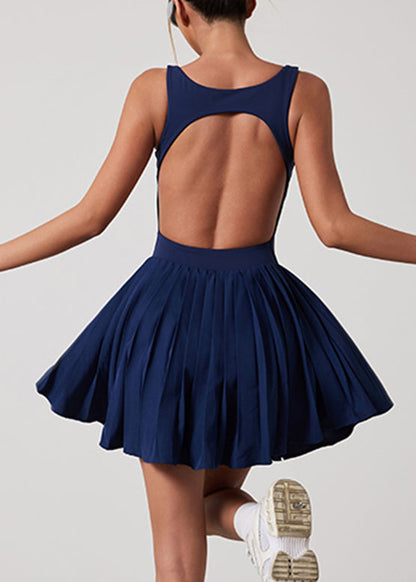 Navy Backless Solid Yoga Tennis Pleated Dress