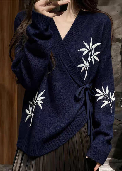 Navy Bamboo Print Lace Up Knit Sweaters V Neck Spring
