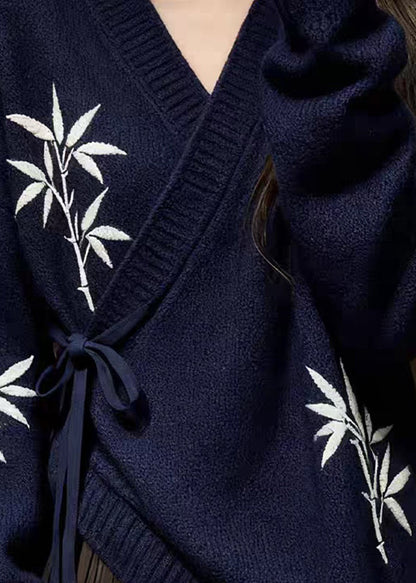 Navy Bamboo Print Lace Up Knit Sweaters V Neck Spring