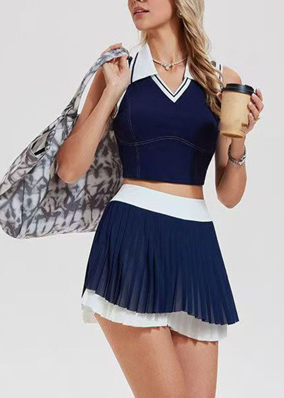 Navy Blue Peter Pan Collar Tennis Sportswear Two-Piece Set Sleeveless