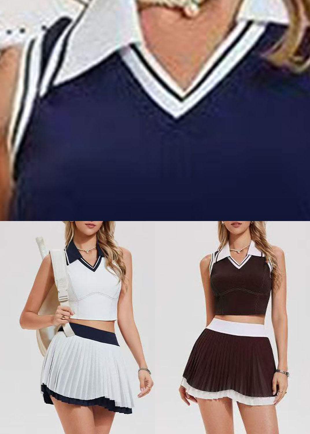 Navy Blue Peter Pan Collar Tennis Sportswear Two-Piece Set Sleeveless