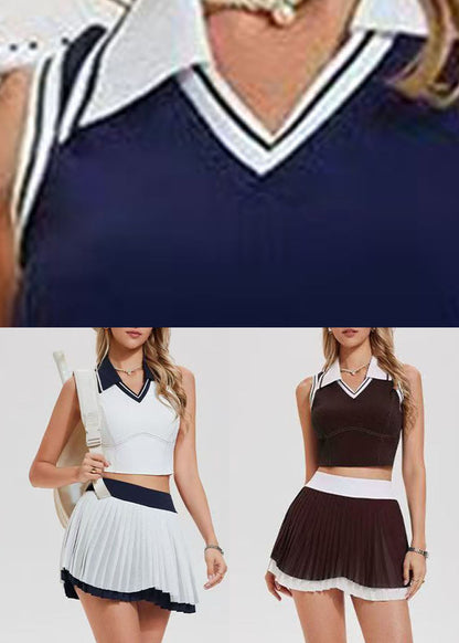 Navy Blue Peter Pan Collar Tennis Sportswear Two-Piece Set Sleeveless