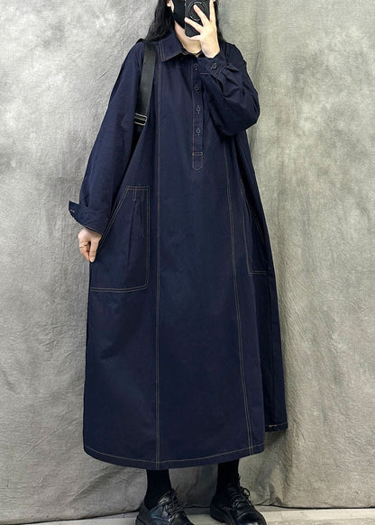 Navy Cotton Ankle Dress Oversized Pockets Fall
