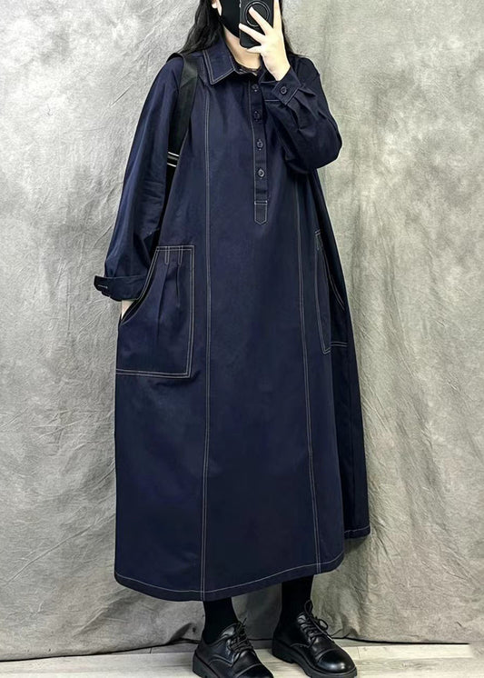 Navy Cotton Ankle Dress Oversized Pockets Fall